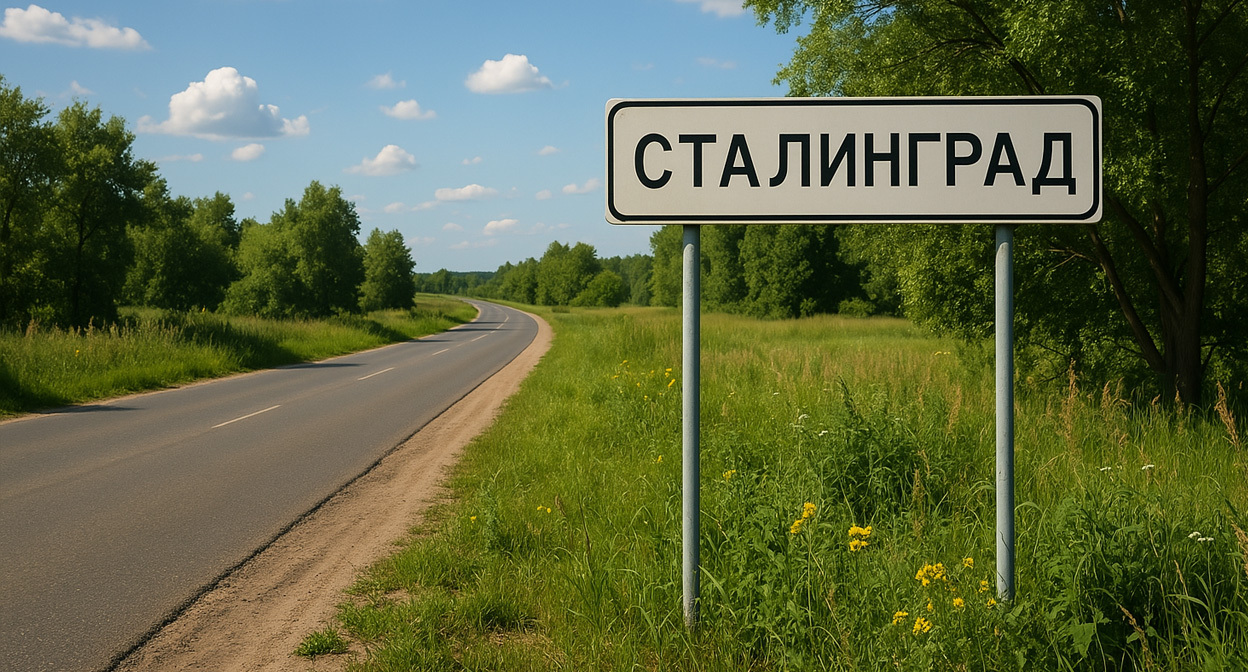 Дорожный знак Сталинград. Иллюстрация создана «Кавказским узлом» с помощью ИИ в программе Copilot