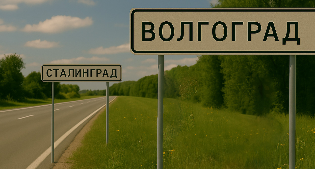 Знаки Волгоград и Сталинград. Иллюстрация создана «Кавказским узлом» с помощью ИИ в программе Copilot